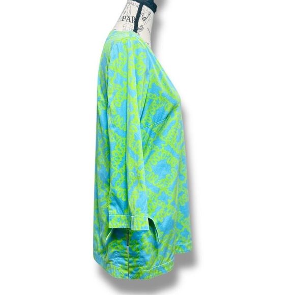 Lilly Pulitzer S Cotton Blouse Blue Green Print Split Neck Tunic Top Side Ties - Picture 2 of 10